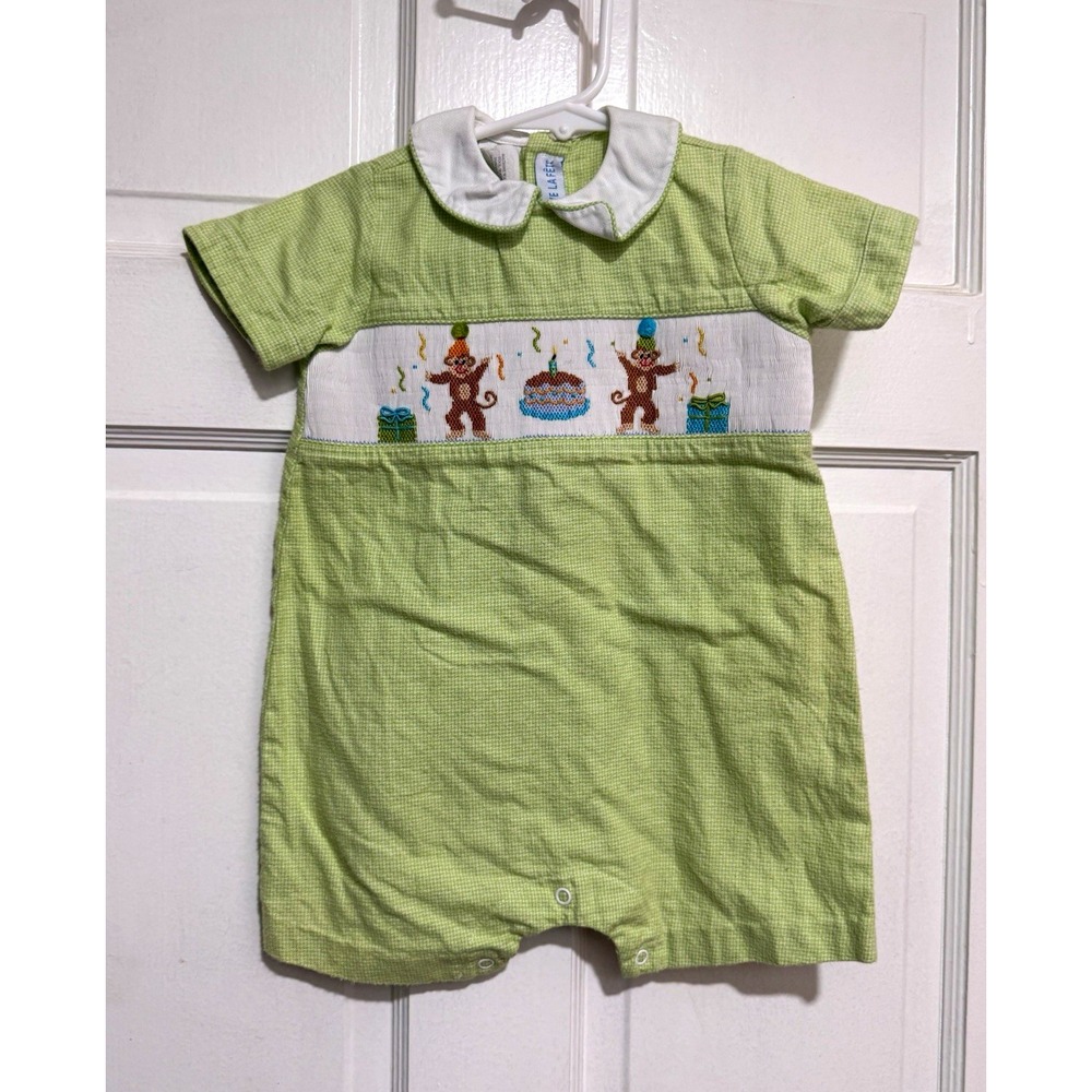 Vive La Fête Boys Smocked Romper Monkey Birthday Green White 6 Month Cake